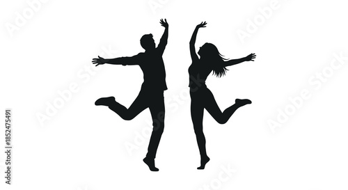 Joyful couple exuberantly leaping and dancing in mid air a dynamic black silhouette