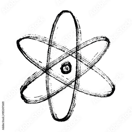 Hand drawn atom sign Molecule clipart in doodle style Single element for print, web, design, decor Symbol of science, education, nuclear energy, scientific research, molecular chemistry