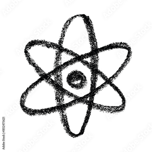 Hand drawn atom sign Molecule clipart in doodle style Single element for print, web, design, decor Symbol of science, education, nuclear energy, scientific research, molecular chemistry