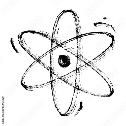 Hand drawn atom sign Molecule clipart in doodle style Single element for print, web, design, decor Symbol of science, education, nuclear energy, scientific research, molecular chemistry