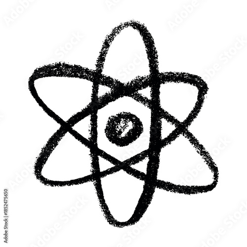 Hand drawn atom sign Molecule clipart in doodle style Single element for print, web, design, decor Symbol of science, education, nuclear energy, scientific research, molecular chemistry