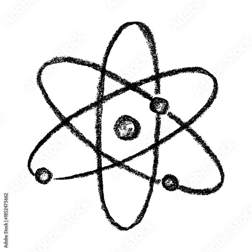 Hand drawn atom sign Molecule clipart in doodle style Single element for print, web, design, decor Symbol of science, education, nuclear energy, scientific research, molecular chemistry