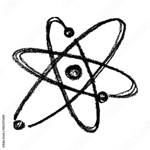 Hand drawn atom sign Molecule clipart in doodle style Single element for print, web, design, decor Symbol of science, education, nuclear energy, scientific research, molecular chemistry