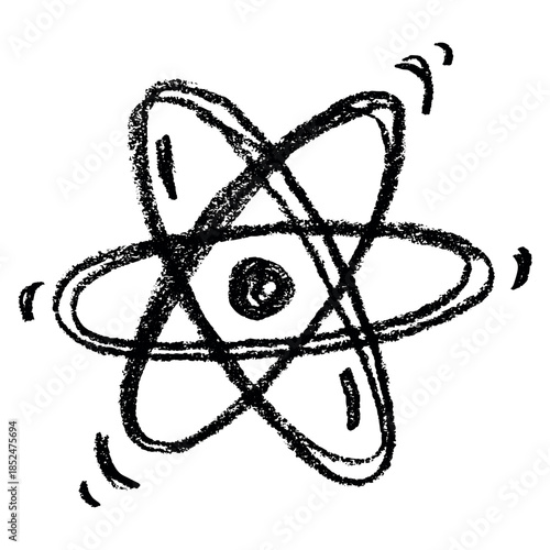 Hand drawn atom sign Molecule clipart in doodle style Single element for print, web, design, decor Symbol of science, education, nuclear energy, scientific research, molecular chemistry