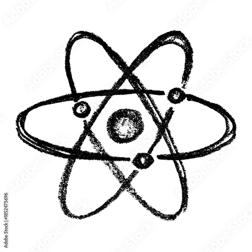 Hand drawn atom sign Molecule clipart in doodle style Single element for print, web, design, decor Symbol of science, education, nuclear energy, scientific research, molecular chemistry