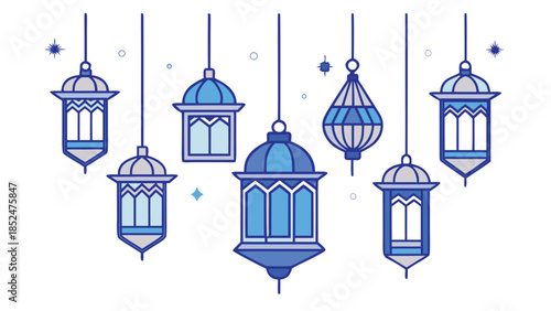 Various decorative lanterns suspended in the air, set on a white backdrop..eps