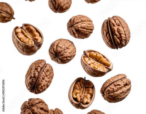 a handful of walnuts in the air, transparent background