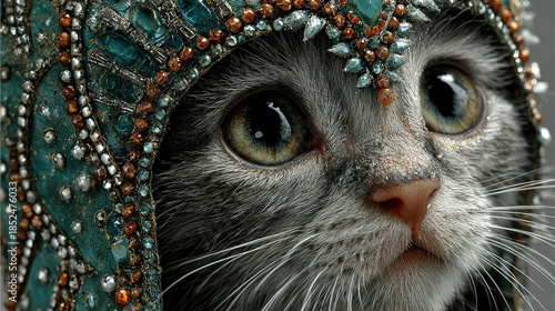 A cat wearing an ornate, jewel-encrusted headpiece with intricate design.