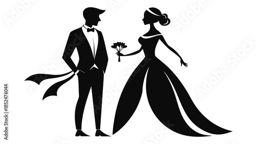 Elegant silhouette of a bride and groom, framed by a sunset, capturing a moment of joy and togetherness..eps