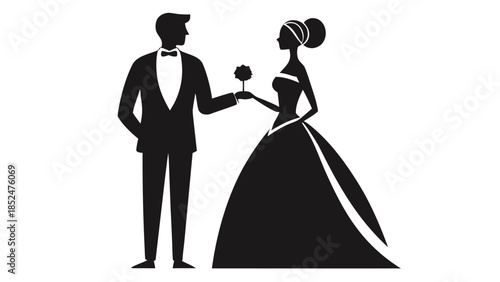 Silhouette of a bride and groom standing together, symbolizing love and unity against a soft, glowing background..eps