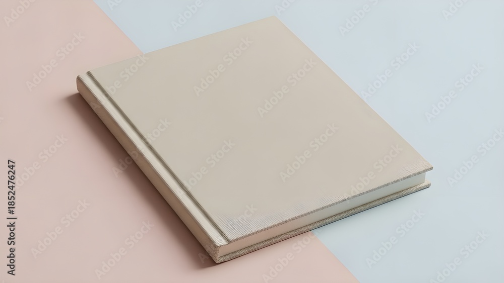 Fototapeta premium Blank beige book cover mockup with textured edges resting on a pastel pink and light blue background, closeup view of a closed notebook or journal