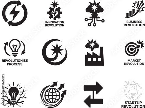   Revolutionise icon set with modern transformation symbols. Clean bold vector icons for innovation themes.