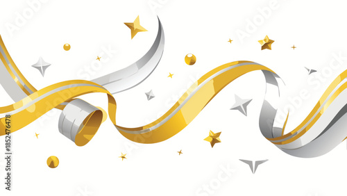 A white background scattered with gold and silver confetti, creating a festive and celebratory atmosphere..eps