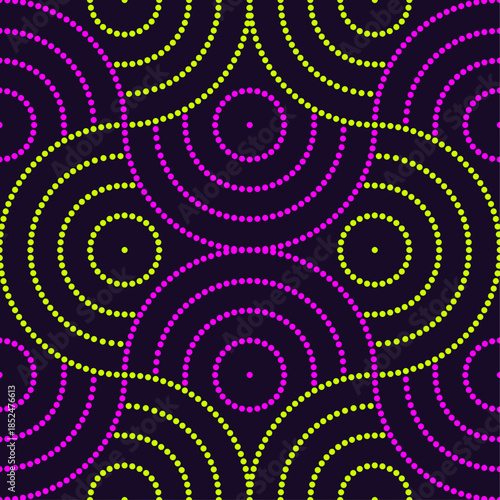 Vibrant dotted geometric pattern with neon circles on a dark background. Seamless, modern, abstract design ideal for textiles, wallpaper, and digital art.