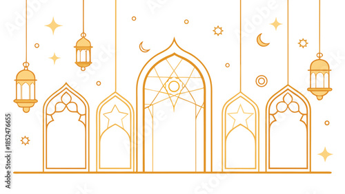 Four Arabic arches embellished with gold accents, exemplifying the rich heritage and artistry of Islamic architecture..eps