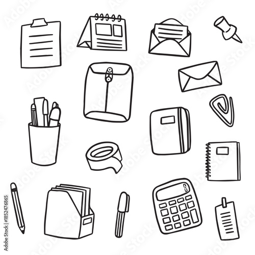 Hand Drawn Office Stationery and School Supplies Doodle Icon Set