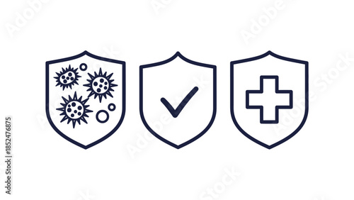 Shield health protection line icons representing safety, antivirus, and medical care