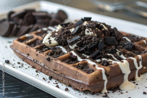 Macro close up of chocolate waffle topped with crushed Oreo style cookie crumbs and creamy white drizzle highlighting crunchy textures in a dark dessert aesthetic - AI Generated