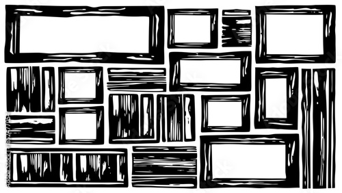 A collection of hand-drawn rustic picture frames arranged in a gallery wall layout