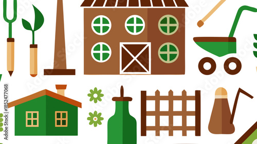 A colorful flat illustration featuring various farming and gardening elements