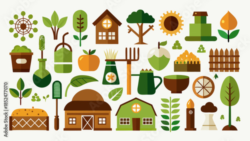 A comprehensive collection of agriculture and gardening icons in a flat design style