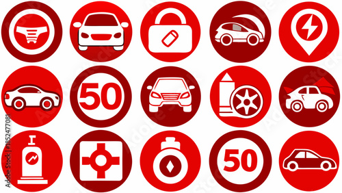Set of red circular icons representing various car features and driving regulations