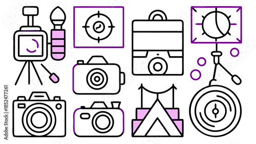 A collection of line art icons representing photography equipment and outdoor adventure gear