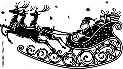 Santa claus rides a magical sleigh pulled by reindeer across the festive night sky