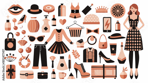 A large collection of modern fashion accessories and beauty items for women in a flat design style