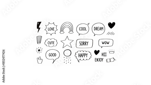 A collection of cute hand drawn doodles and emotional expression speech bubbles