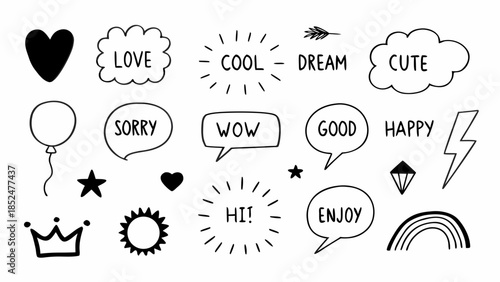 A set of cute hand-drawn doodles featuring positive words and symbols for decoration.