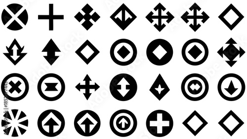 A diverse collection of minimalist black and white icons for direction and movement