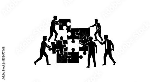People working together to assemble a large puzzle with teamwork and cooperation