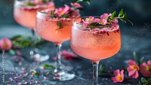 Refreshing Pink Cocktails Served In Elegant Glasses Garnished