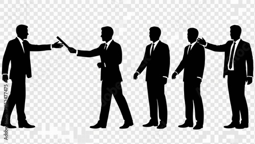 Businessmen in suits are passing a paper in a sequence of actions on a transparent background.