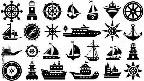 Collection of nautical and marine icons, including ships, boats, and navigation tools