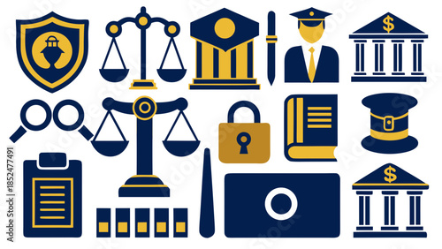 Collection of flat design icons symbolizing law, justice, government, and financial institutions