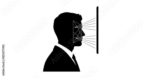 A man in a suit is being scanned by a facial recognition system at a secure facility, capturing his profile and biometric data.