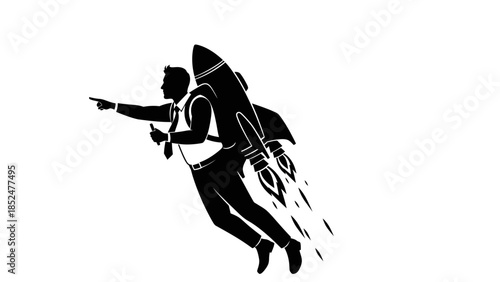 Man wearing jetpack flies through air pointing forward with right hand in dynamic motion.