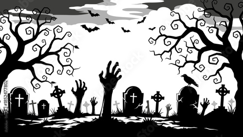 Zombie hands rising from graves in a spooky graveyard scene.