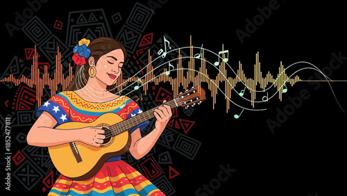 Young Woman Playing Guitar with Joyful Expression.