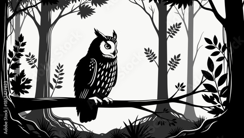 A detailed illustration of a wise owl perched on a tree branch.