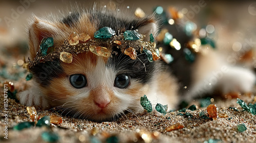 Adorable kitten partially hidden among colorful sand and small gemstones.