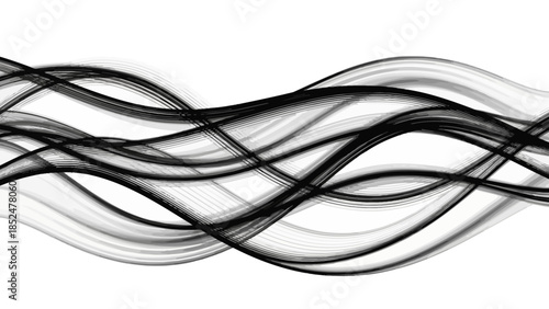 Abstract flowing black and white smoke waves on white background.