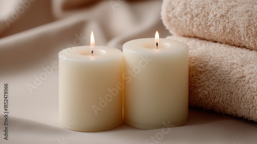 Wallpaper Mural Two minimal pillar candles with towels in spa setting and soft light
 Torontodigital.ca