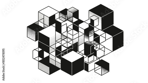 Abstract geometric composition of interconnected cubes and wireframe structures.