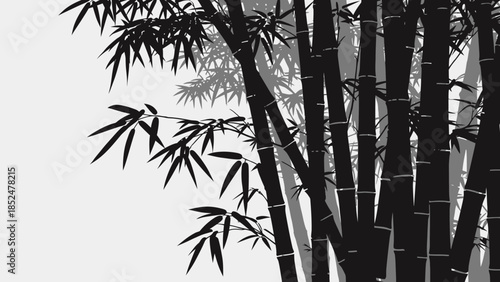 Black and white bamboo forest with detailed leaves and stalks.