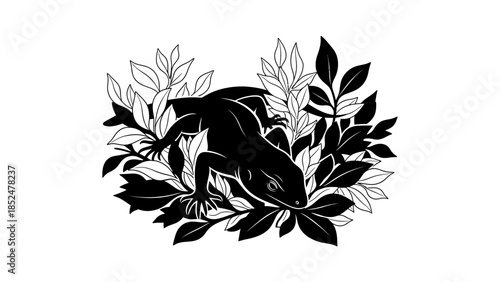 Black and white illustration of a lizard surrounded by lush foliage.