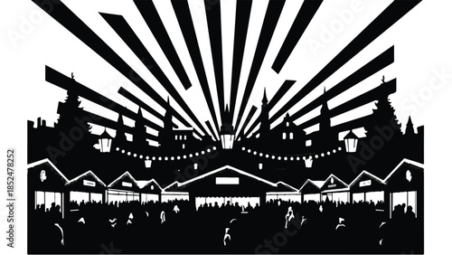 Vibrant festival scene with illuminated stalls and festive lights under a dramatic sunburst.
