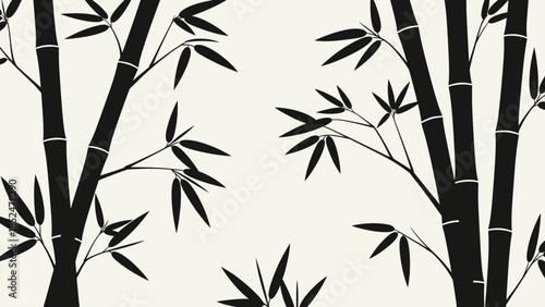 Black Bamboo Stalks and Leaves Silhouette Pattern.